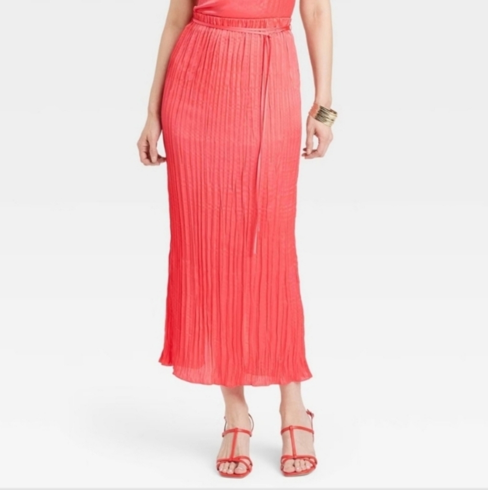 Women's Textured Crinkle Satin Midi Skirt - A New Day Coral Pink M